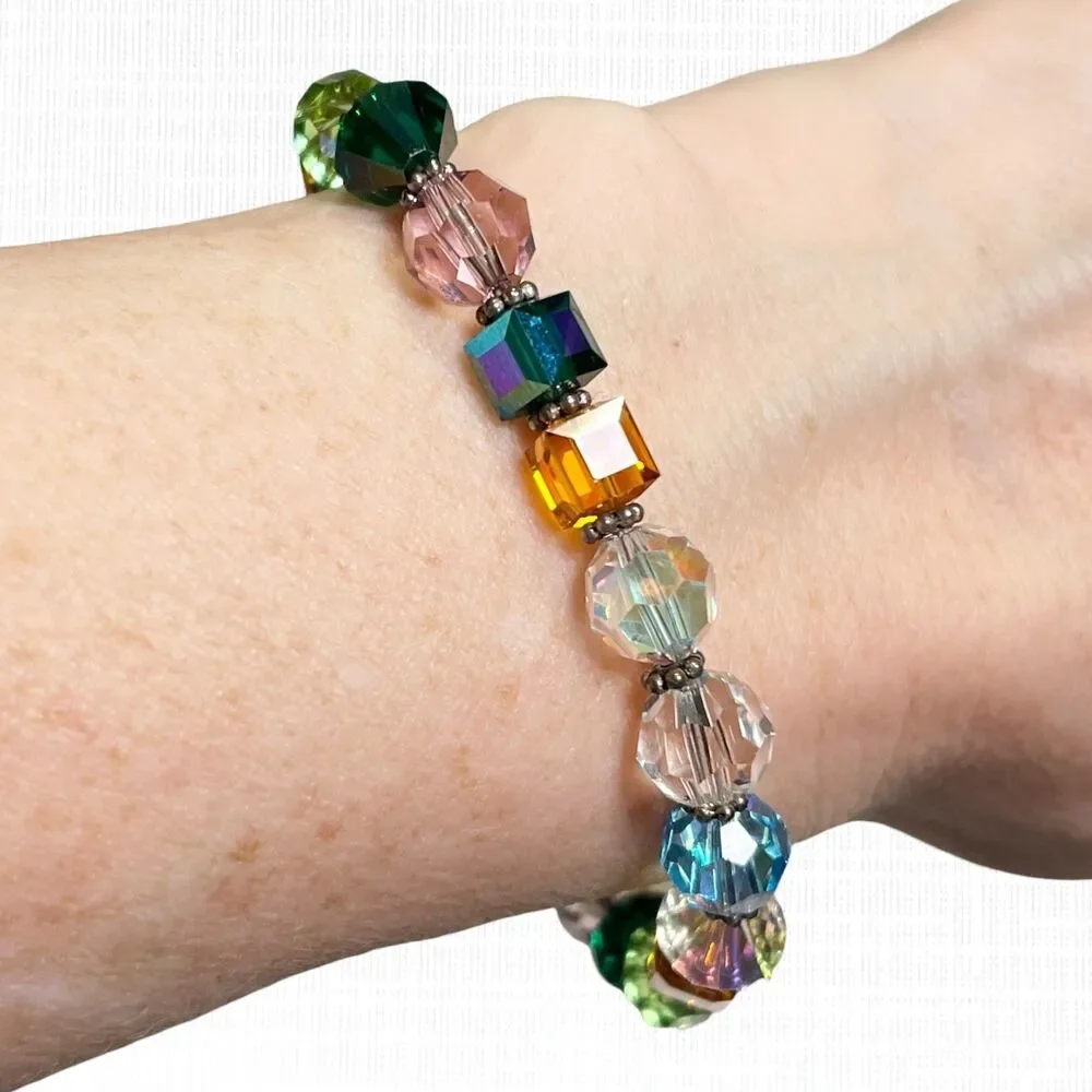 Crystal Bead Bracelet Silver Tone Floral Toggle Clasp Mixed Shapes Faceted Glass
